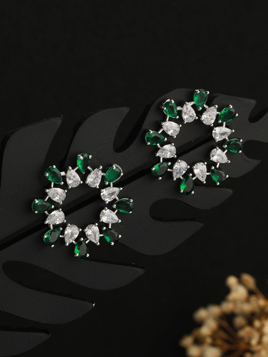 Saraf RS Jewellery Silver-Plated CZ-Studded Floral Studs Earrings