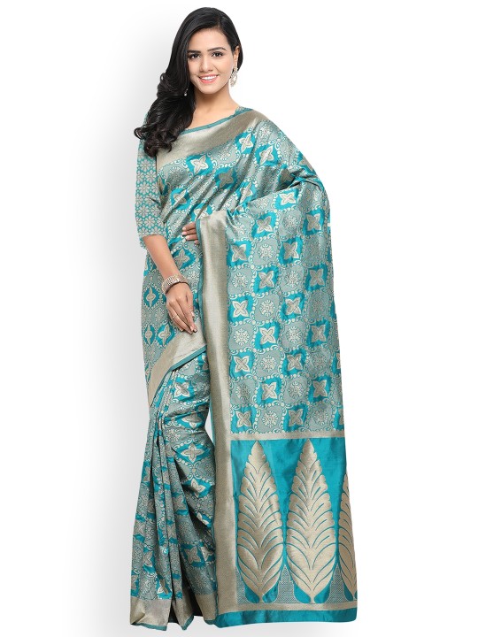 Turquoise Blue Silk Cotton Woven Design Banarasi Saree