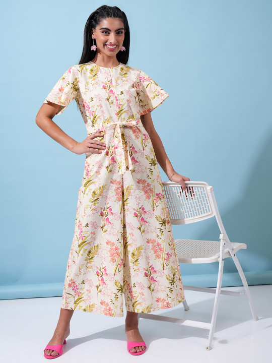 Tokyo Talkies White Floral Printed Waist Tie-Up Basic Jumpsuit