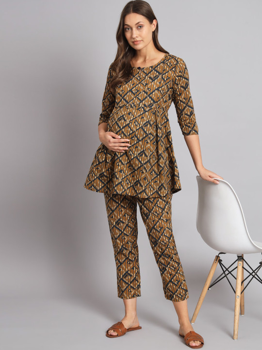 Vastralay Brown Maternity Printed Cotton Tunic With Trouser