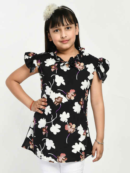 IndiWeaves Girls Floral Printed Tie-Up Neck Top