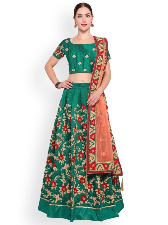 Green & Pink Embroidered Semi-Stitched Lehenga & Unstitched Blouse with Dupatta