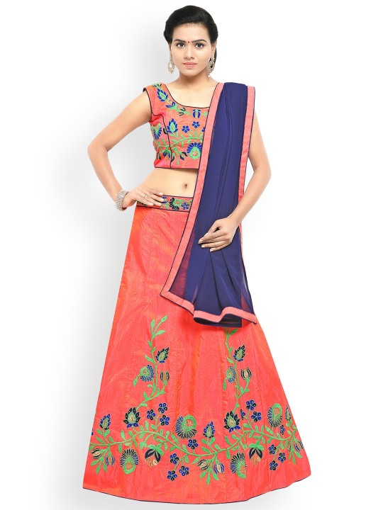 Orange & Blue Embroidered Semi-Stitched Lehenga & Unstitched Blouse with Dupatta