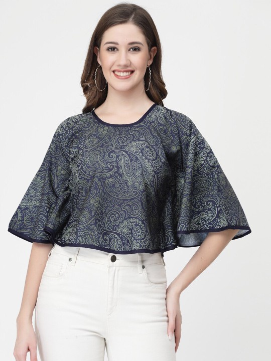 Miss Ayse Print Flared Sleeve Crepe Top