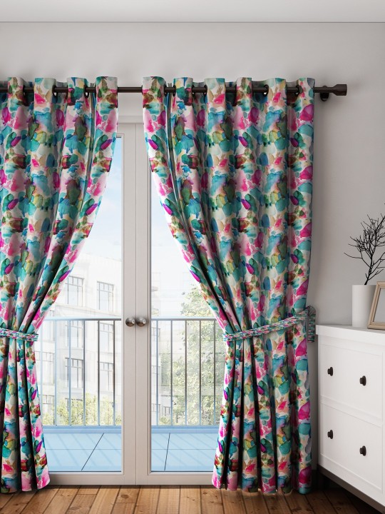 Off-White & Pink Set of Single Long Door Curtains