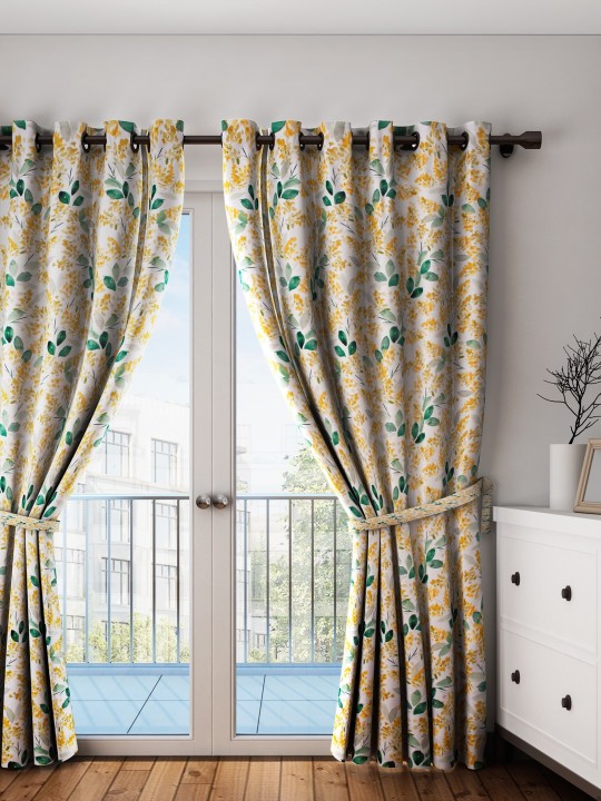 Off-White & Yellow Set of Single Door Curtains