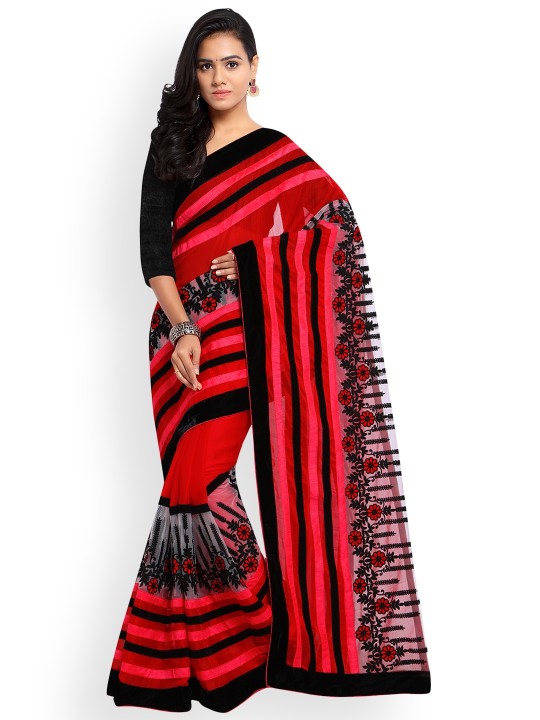 Red Embellished Poly Chiffon Saree