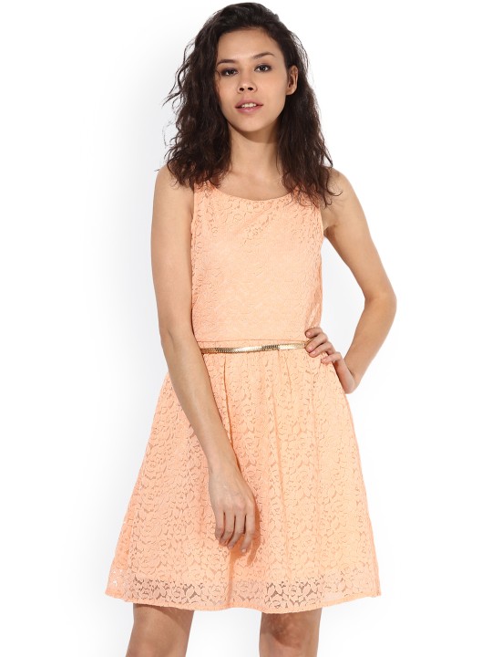 Women Pink Self Design Fit and Flare Dress S