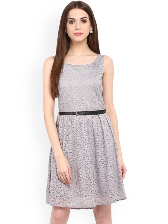 Women Grey Self Design Fit and Flare Dress S
