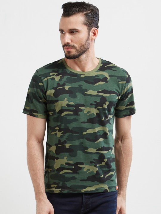 Men Khaki Camouflage Printed Round Neck T-shirt S