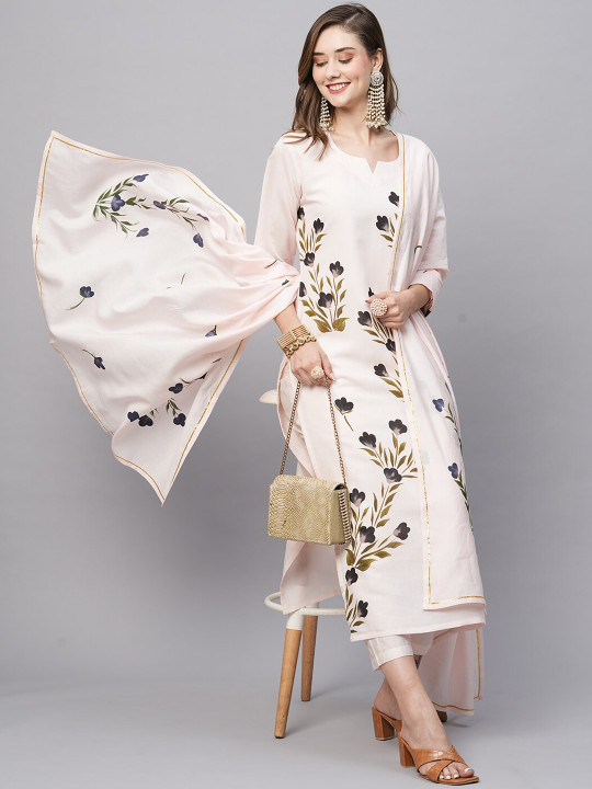 GoSriKi Floral Printed Straight Kurta with Trousers & Dupatta
