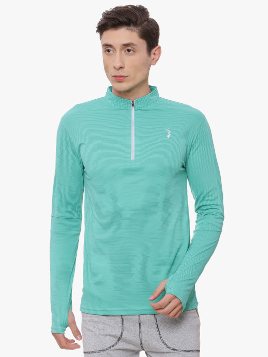 Campus Sutra Men Sea Green Striped Mandarin Collar T-shirt