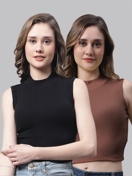 FBAR Pack Of 2 High Neck Sleeveless Fitted Cotton Crop Top