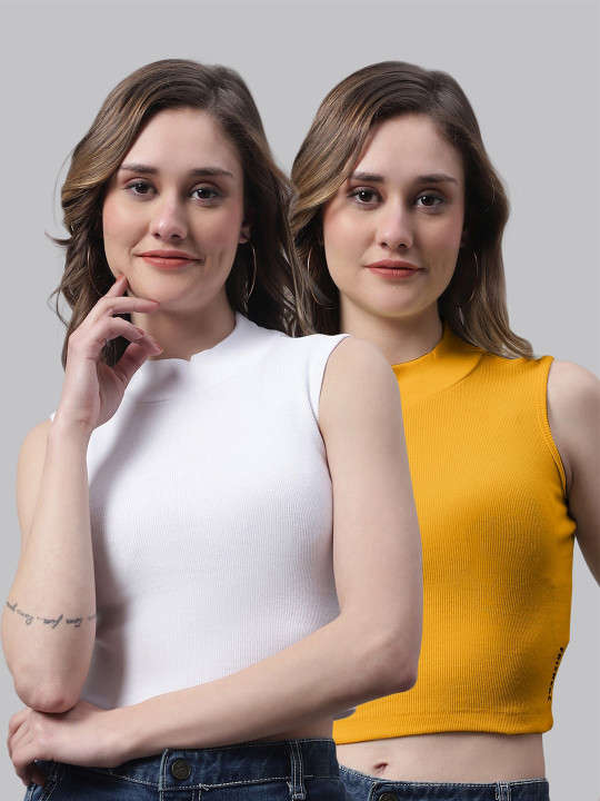 FBAR Pack Of 2 High Neck Cotton Crop Fitted Top