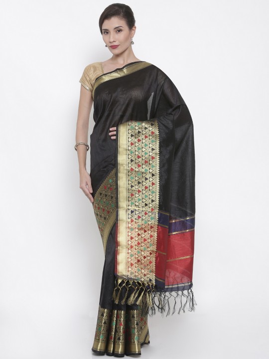 Black Cotton Blend Solid Banarasi Saree