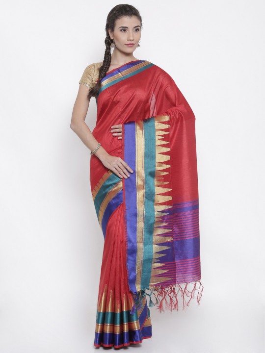 Red Cotton Blend Woven Design Banarasi Saree