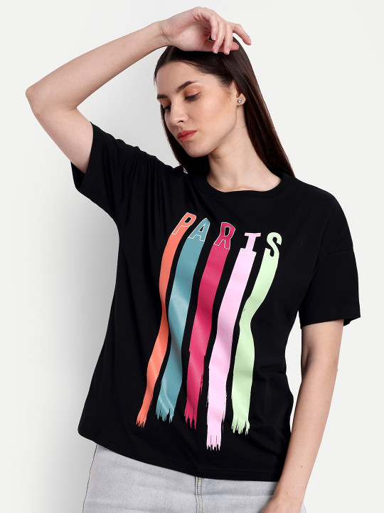 iki chic Women Black Printed Extended Sleeves Pockets T-shirt