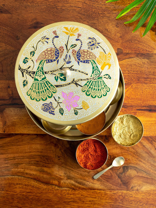 ExclusiveLane Spice Box With Spoon In Brass with 7 Containers