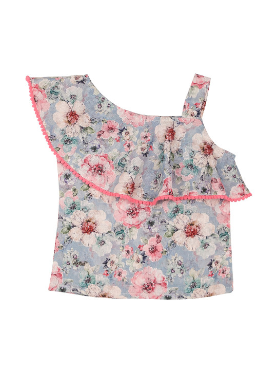 Actuel Girls Floral Print One Shoulder Pure Cotton Top