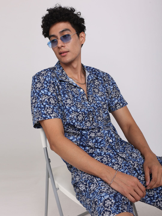 Snitch Men Blue Printed Pure Cotton Co-Ords