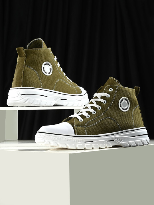 Kook N Keech Men Olive Green And White Comfort Insole Mid-Top Sneakers