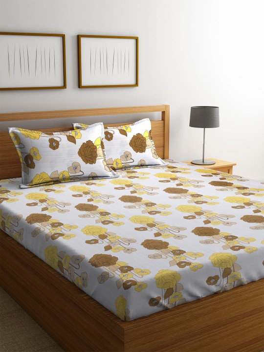 Off-White & Yellow Floral Flat 160 TC Cotton 1 Queen Bedsheet with 2 Pillow Covers