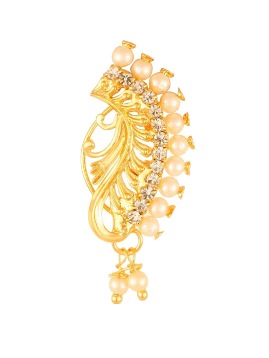 Vighnaharta Gold-Plated Stone-Studded & Pearl beaded Nosepin