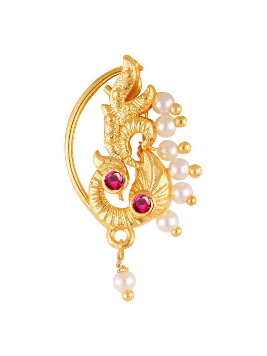 Vighnaharta Gold-Plated Stone-Studded & Pearl beaded Nosepin