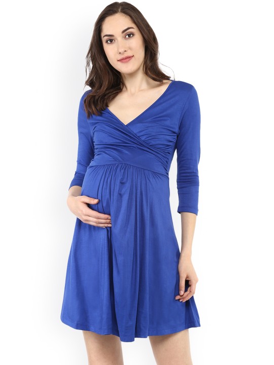 Women Blue Solid Maternity Fit and Flare Dress S