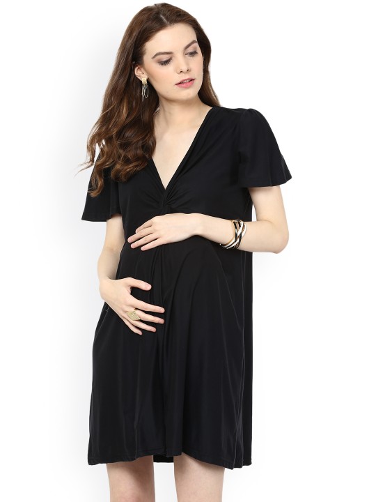 Women Black Solid Maternity Fit and Flare Dress S