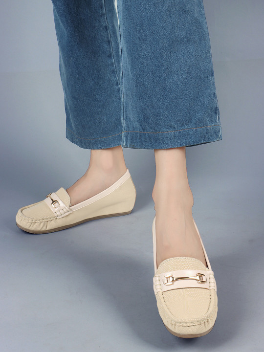 ELLE Women Textured Embellished Comfort Insole Lightweight Horsebit Loafers