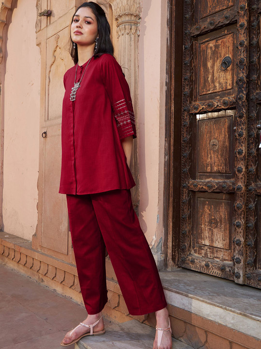 Shae by SASSAFRAS Maroon Embroidered Tunic With Palazzos