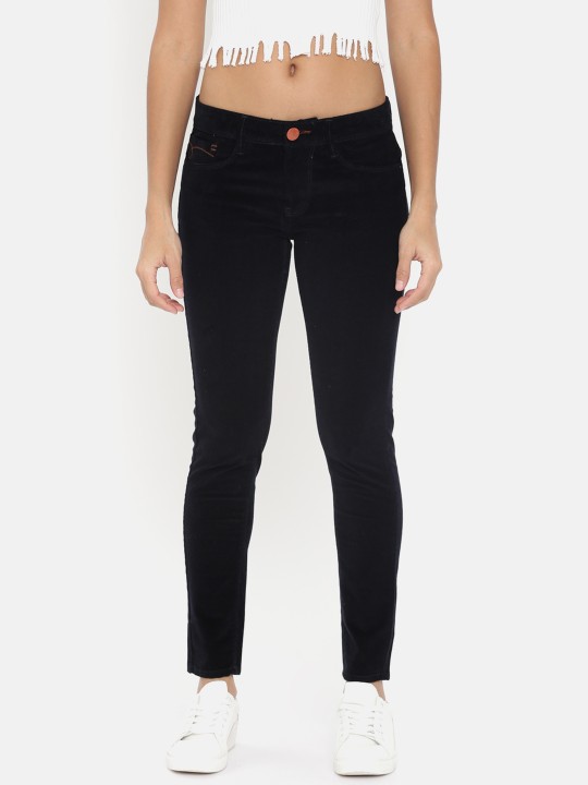 Women Navy Blue Regular Fit Solid Regular Trousers 28