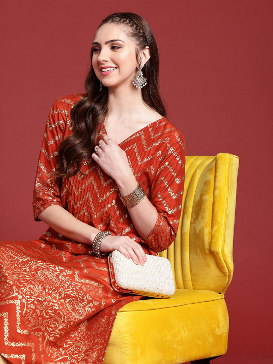 Anouk Floral Chevron Foil Printed Kurta