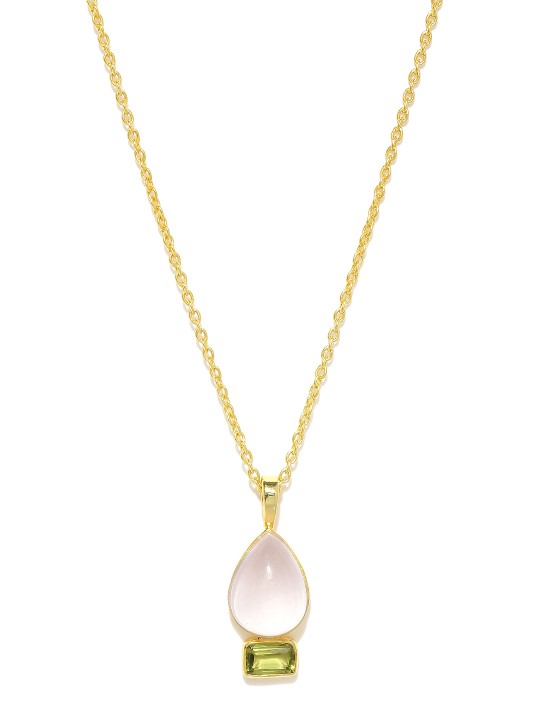 Gold-Toned Peridot & Rose Quart Silver Pendant with Chain
