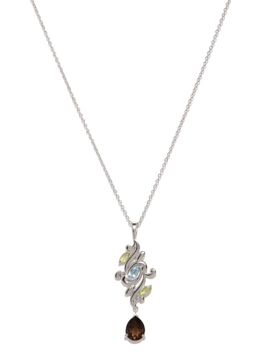 Silver-Toned Blue Topaz, Peridot & Smoky Topaz Sterling Silver Pendant with Chain