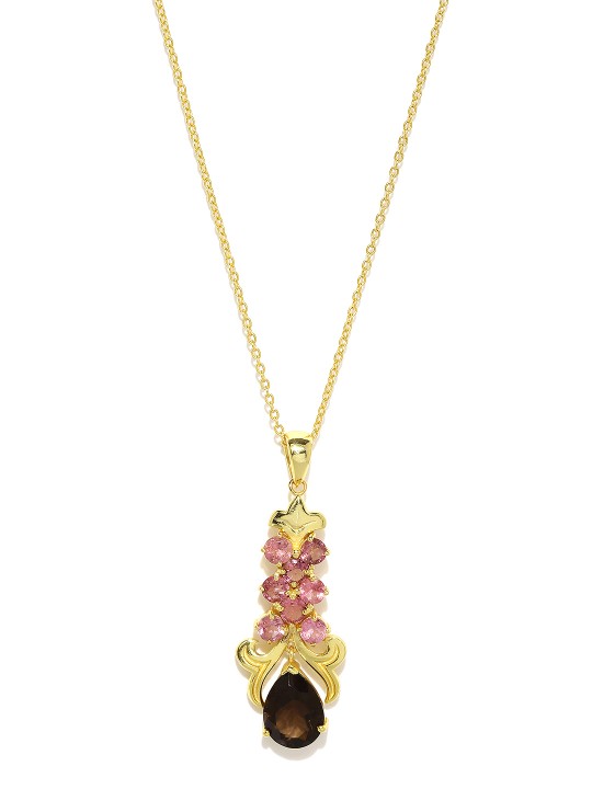 Gold-Toned Ethereal Smoky Topaz & Pink Tourmaline Sterling Silver Pendant with Chain