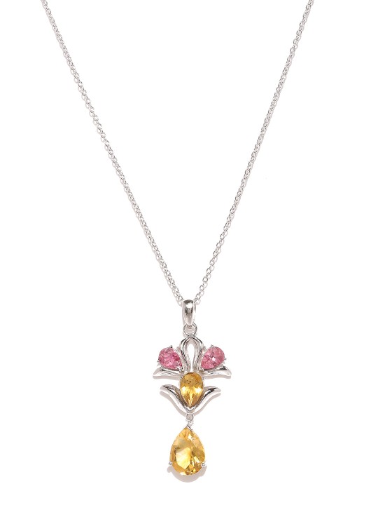 Silver-Toned Blossoms Citrine & Pink Tourmaline Sterling Silver Pendant with chain