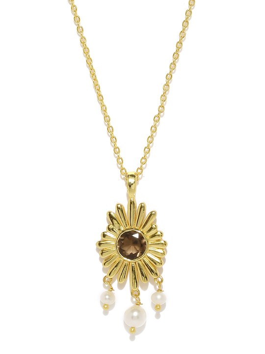 Gold-Toned Striking Pearl & Smoky Topaz Sterling Silver Pendant with Chain