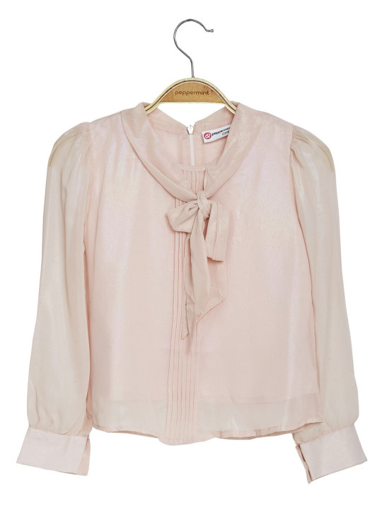 Peppermint Tie Up Neck Puff Sleeve Top