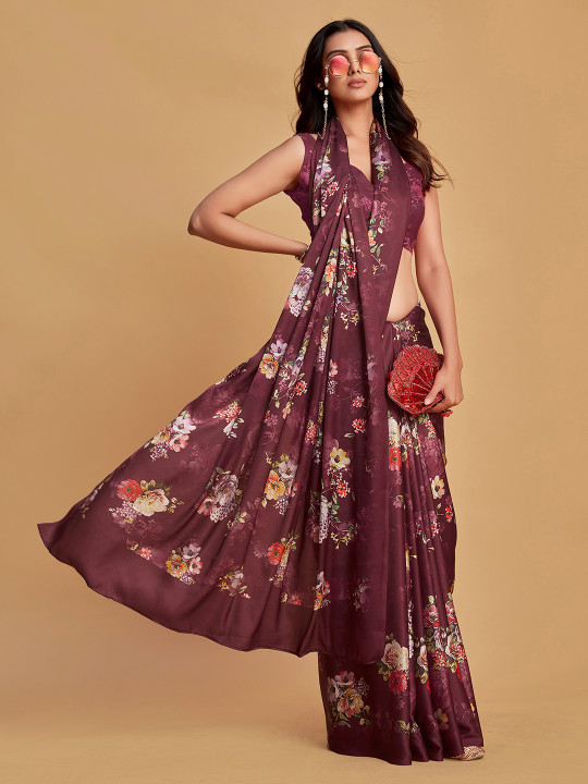 Sangria Burgundy Floral Printed Satin Saree