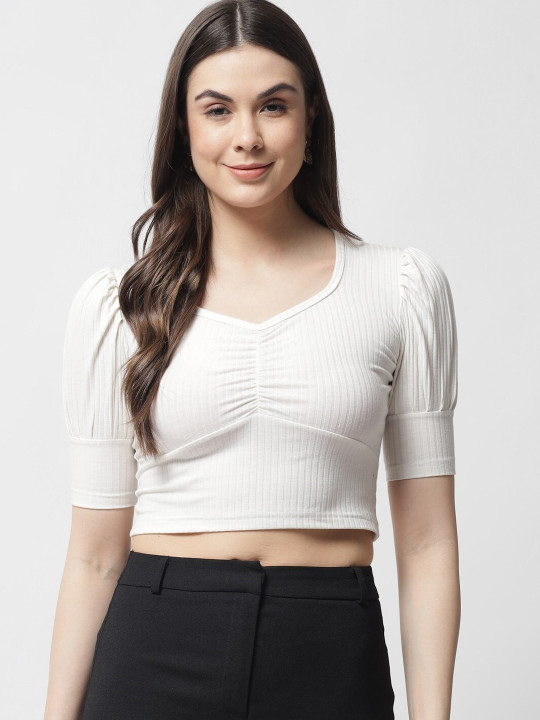 Popwings Striped Ribbed Puff Sleeves Crop Top
