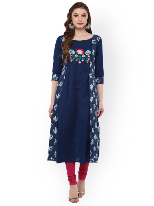 Women Blue Printed Straight Kurta S