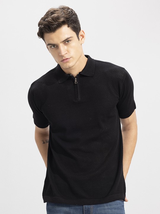 Black Polo Collar Self Design Slim Fit T-shirt deal from myntra