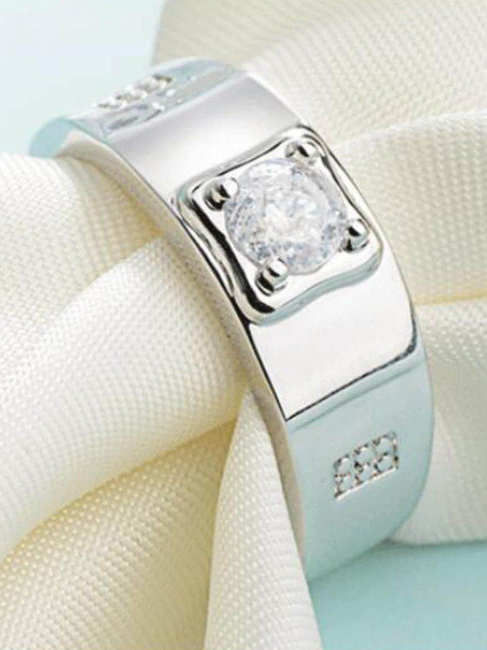 MYKI Men 925 Sterling Silver Silver-Plated & CZ Stone-Studded Adjustable Finger Ring