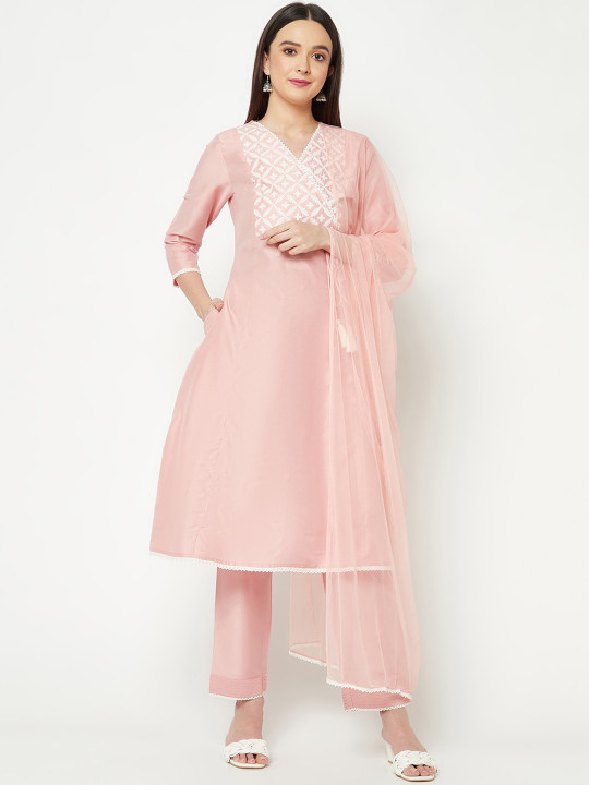 IMARA Ethnic Motifs Embroidered Angrakha Kurta With Trousers & Dupatta