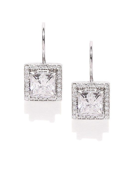 Rhodium-Plated Sterling Silver Square Cubic Zirconia-Studded Drop Earrings