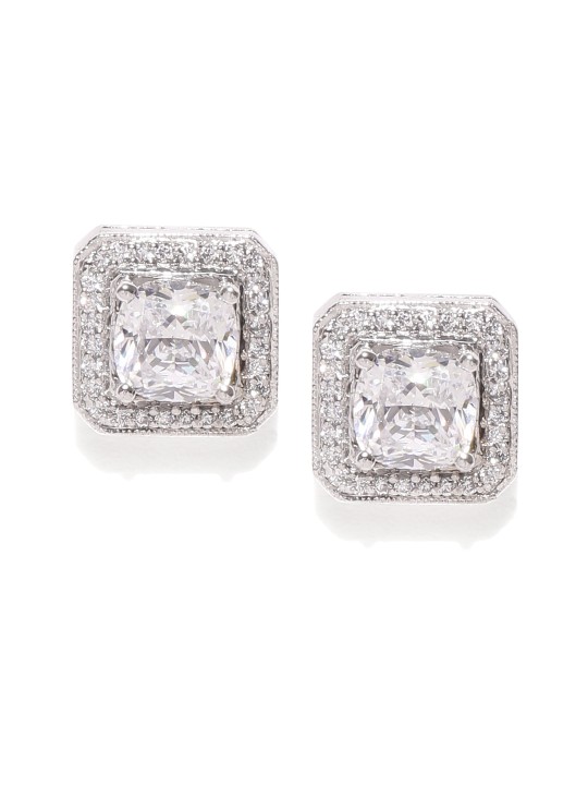 Rhodium-Plated Sterling Silver Square Cubic Zirconia Studded Studs