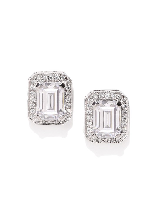 Rhodium-Plated Sterling Silver Cubic Zirconia-Studded Geometric Studs