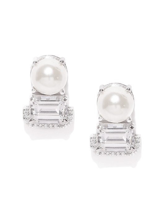 Off-White Rhodium-Plated Sterling Silver Shell Pearl Drop Earrings